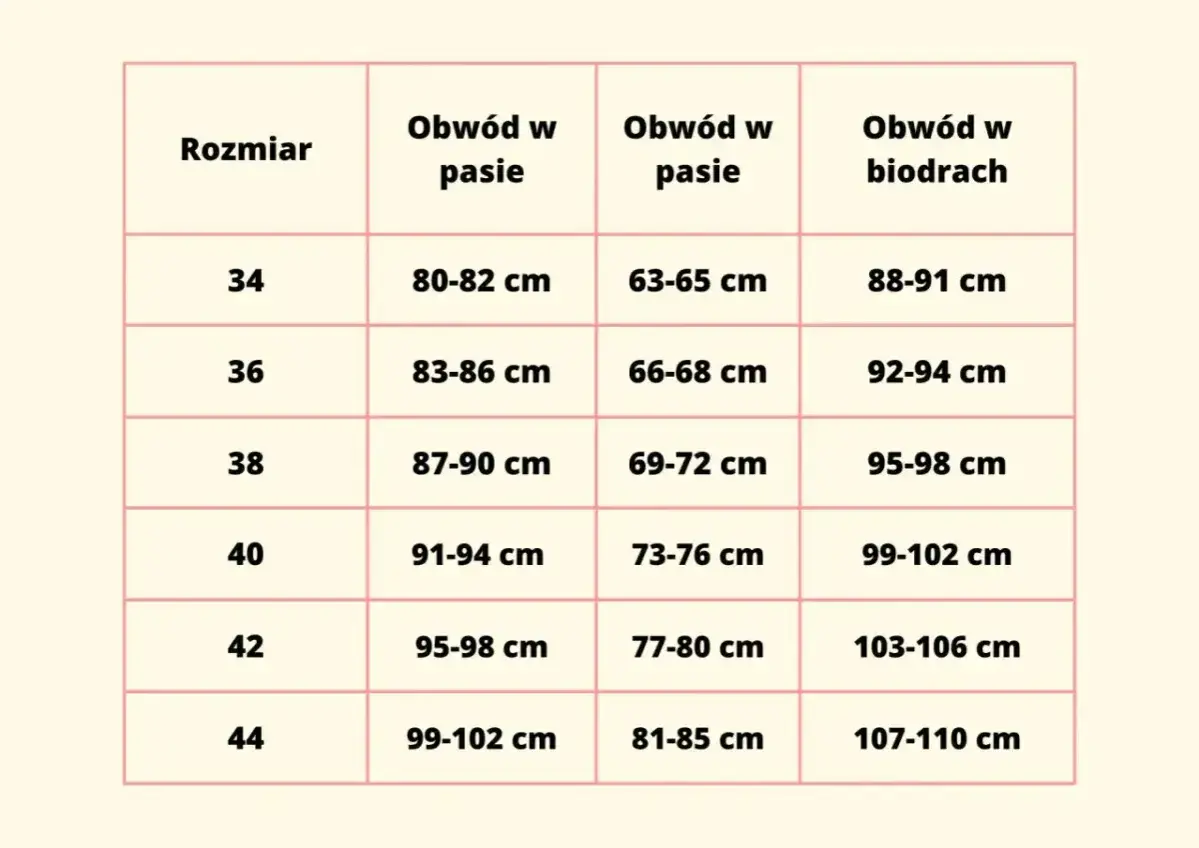 Tabela rozmiarów damskich. Rozmiar 44 odpowiada obwodowi w pasie 99-102 cm i biodrach 107-110 cm.
