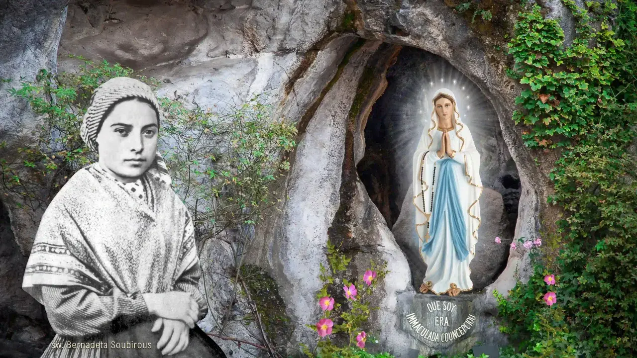 Św. Bernadeta Soubirous i Matka Boża w Lourdes. Obraz zachęca do krótkich rozważań różańcowych.
