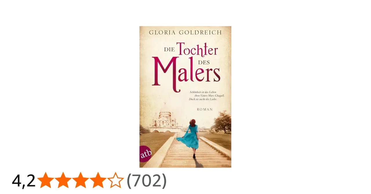 Buchcover "Die Tochter des Malers" von Gloria Goldreich. Eine Frau in blauem Kleid läuft eine Treppe hinauf, im Hintergrund eine Kirche. Es geht um das Leben von Ida Chagall.