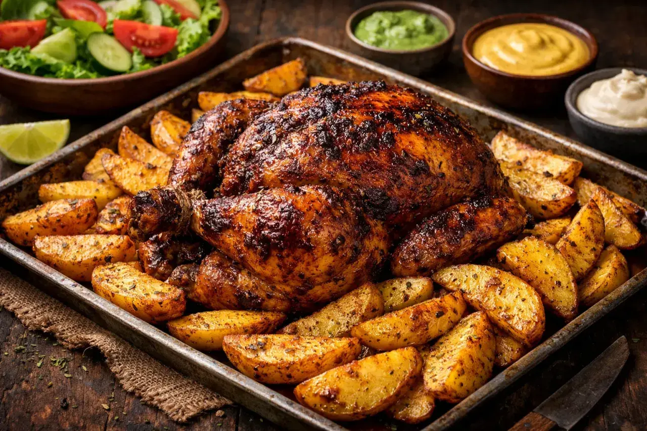 Un jugoso pollo a la brasa dorado y crujiente, acompañado de papas rústicas y ensalada fresca.