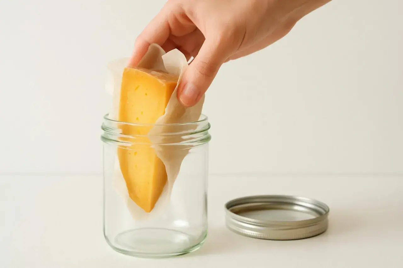 A hand places a wedge of cheese wrapped in parchment paper into a glass jar.