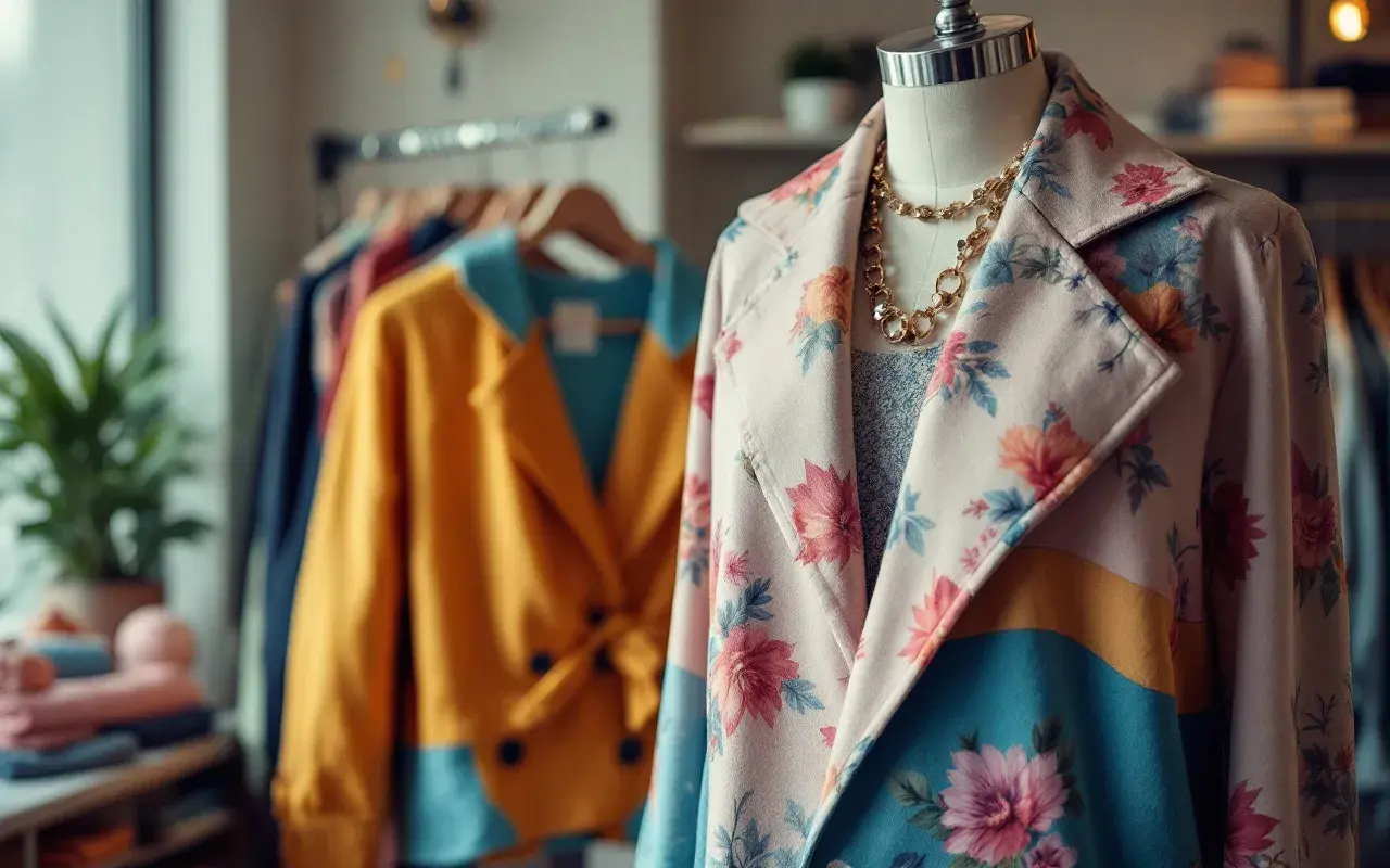 Manteau fleuri sur mannequin, avec un collier doré. Un autre vêtement jaune et bleu est visible derrière. La couleur complémentaire du vêtement est bien choisie.