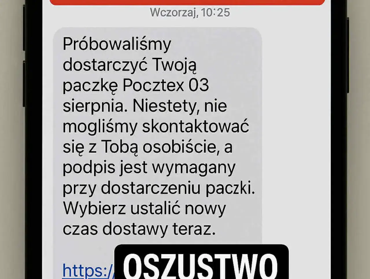 Oszustwo typu smishing: SMS o niedostarczonej paczce Pocztex z linkiem do zmiany terminu odbioru. Uważaj na podejrzane wiadomości!
