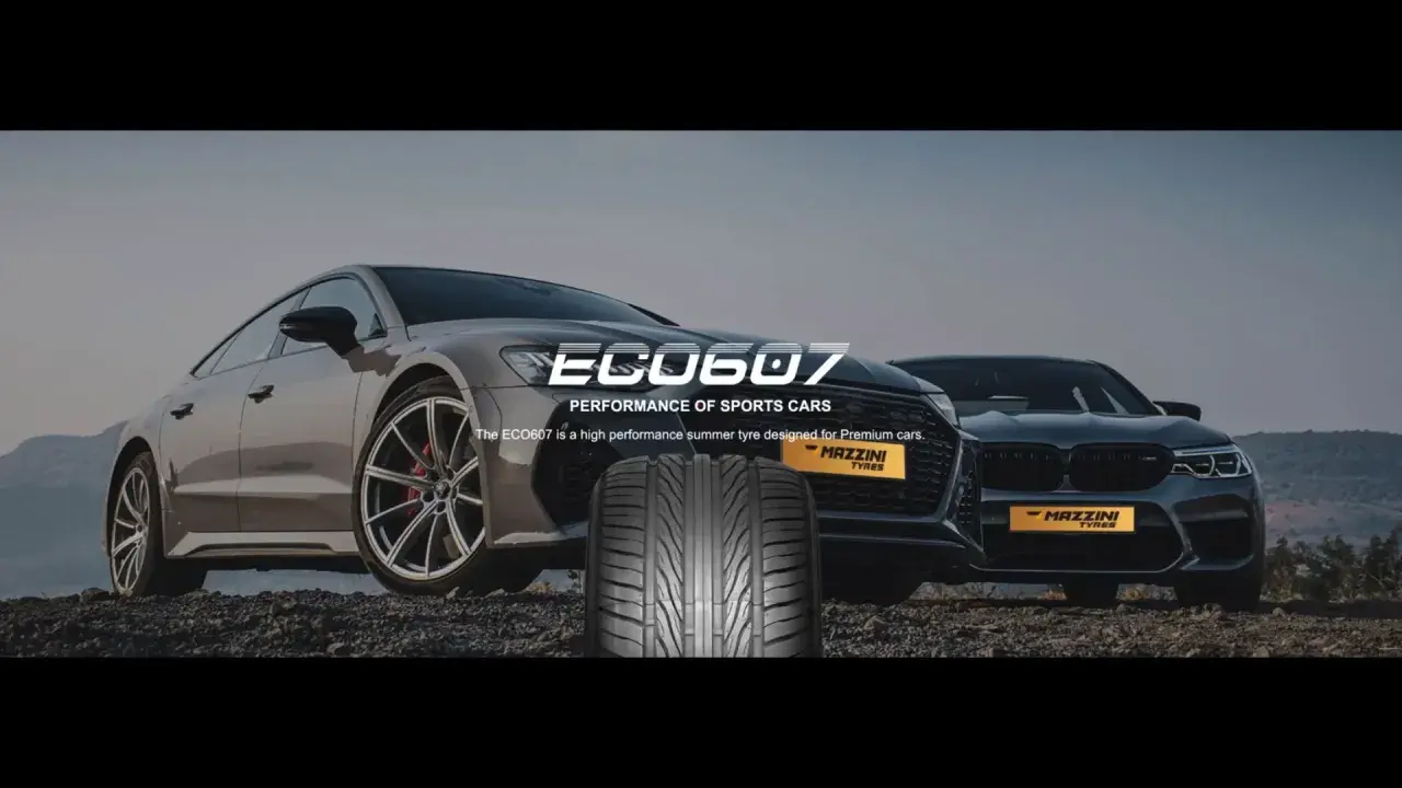 Dwa sportowe samochody i opona Mazzini ECO607 na pierwszym planie.