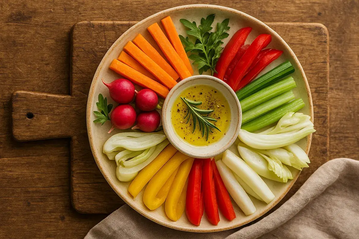 Bunte Gemüsesticks wie Karotten, Paprika, Sellerie und Radieschen, serviert mit einem Dip – eine köstliche Auswahl an besonderen italienischen Vorspeisen.