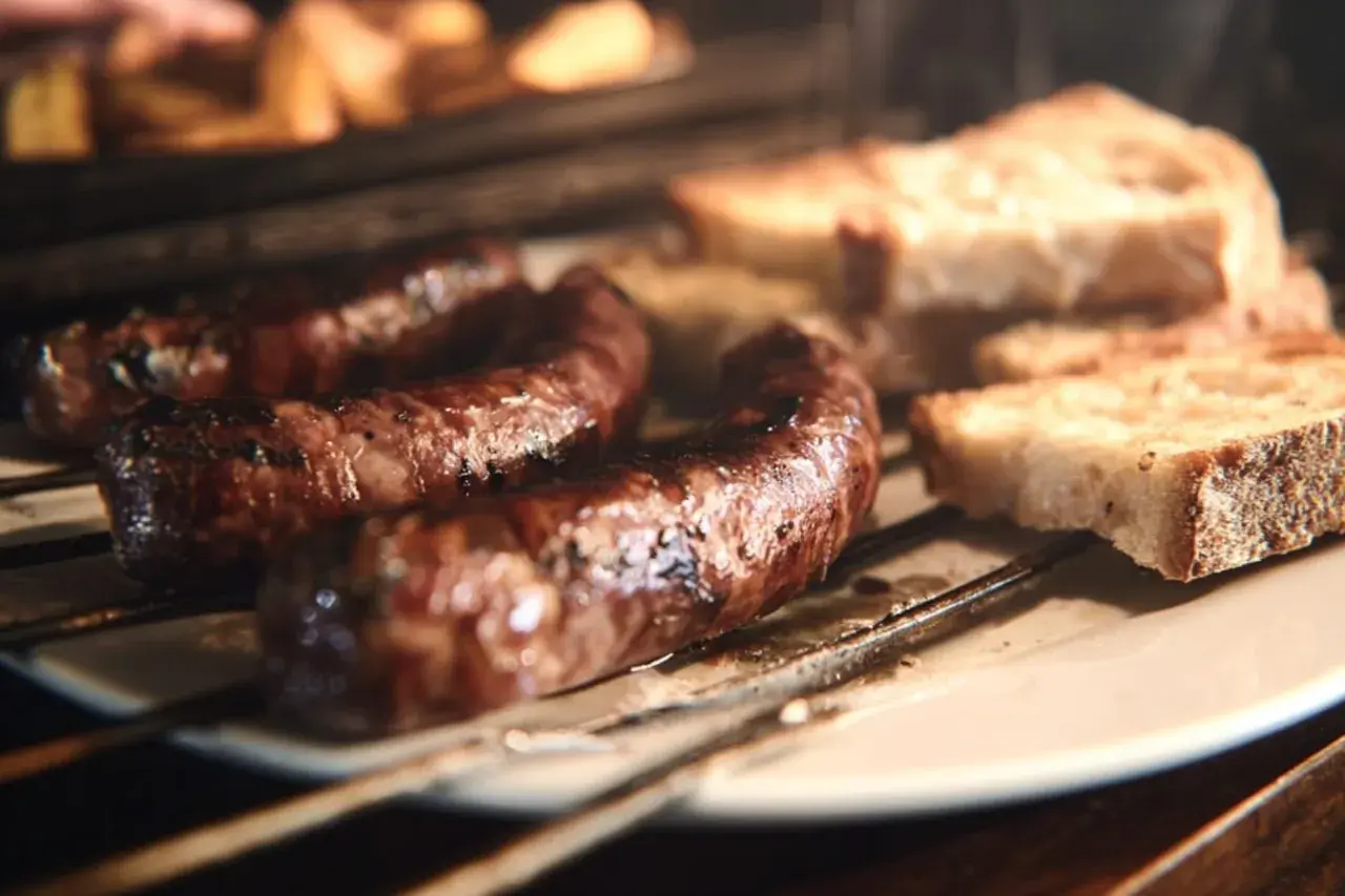 Figatelli grillés au four, accompagnés de tranches de pain croustillant. Une recette simple et savoureuse.