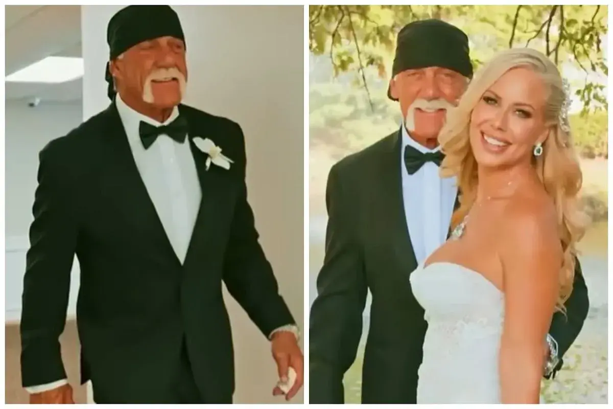 Hulk Hogan w czarnym smokingu i z charakterystyczną opaską na głowie, uśmiecha się obok panny młodej. To jego strefa komfortu, pełna radości.