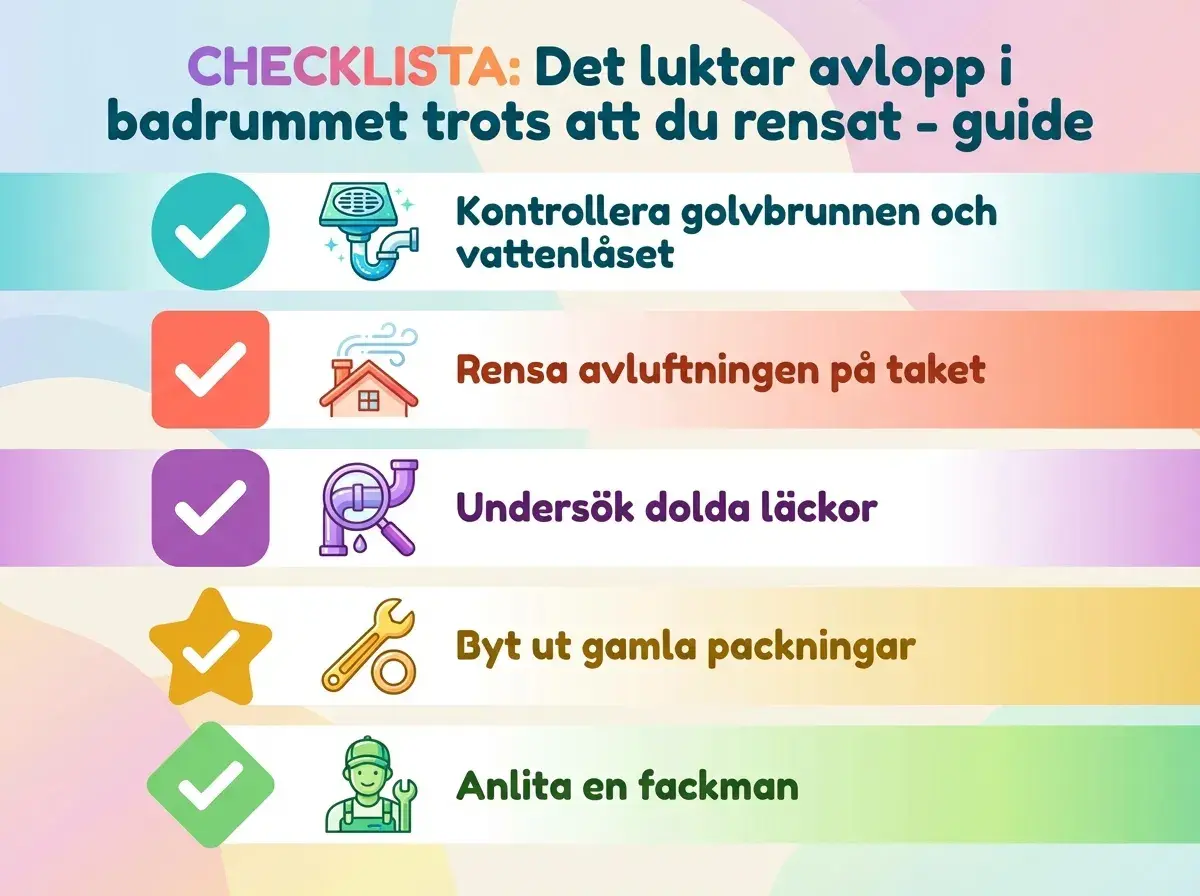 Checklista för dålig lukt avlopp i badrummet: kontrollera golvbrunn, rensa avluftning, undersök läckor, byt packningar eller anlita fackman.