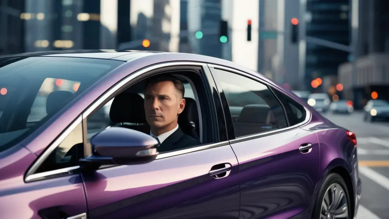 Uomo in abito guida un'auto viola scintillante in città. La sua espressione è concentrata, forse pensando alla sua guida libera assicurazione.