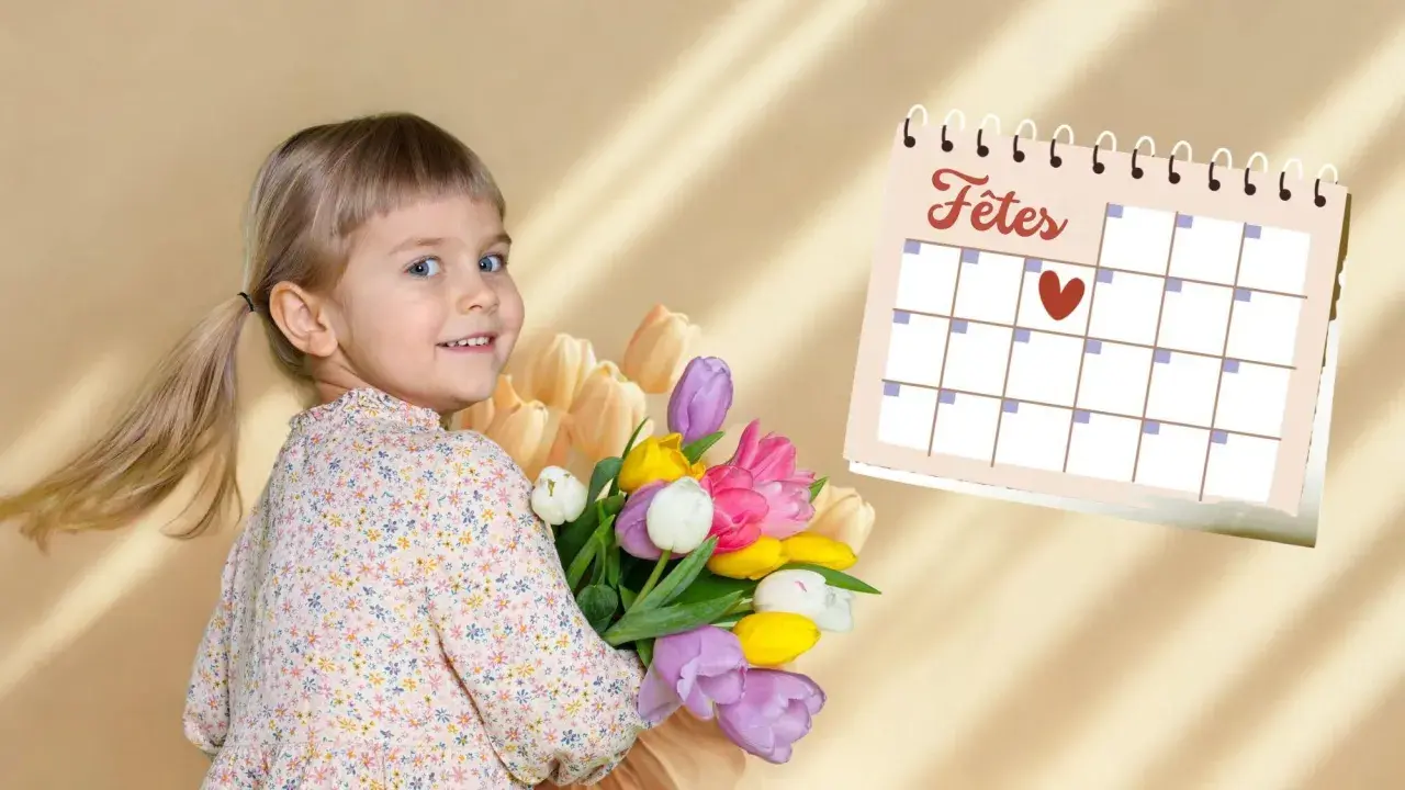 Une petite fille souriante tient un bouquet de tulipes colorées. À côté, un calendrier indique "Fêtes", peut-être pour célébrer son prénom ou une fête nationale.
