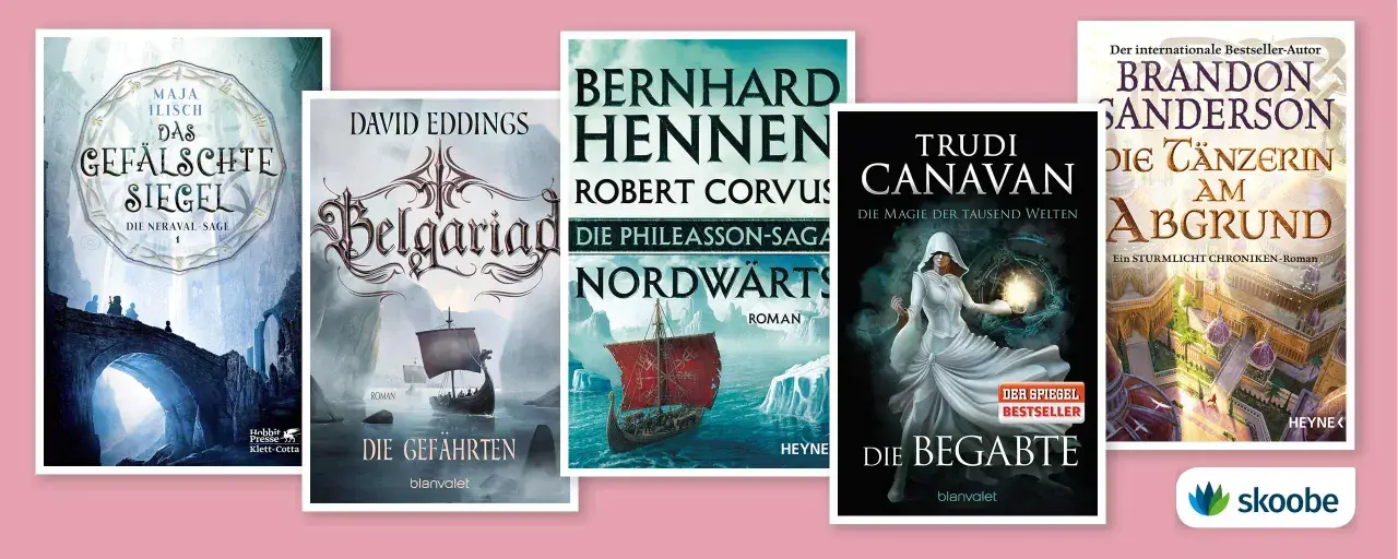 Buchcover für mehr lesen sci-fi und fantasy: "Das gefälschte Siegel", "Die Gefährten", "Nordwärts", "Die Begabte" und "Die Tänzerin am Abgrund".