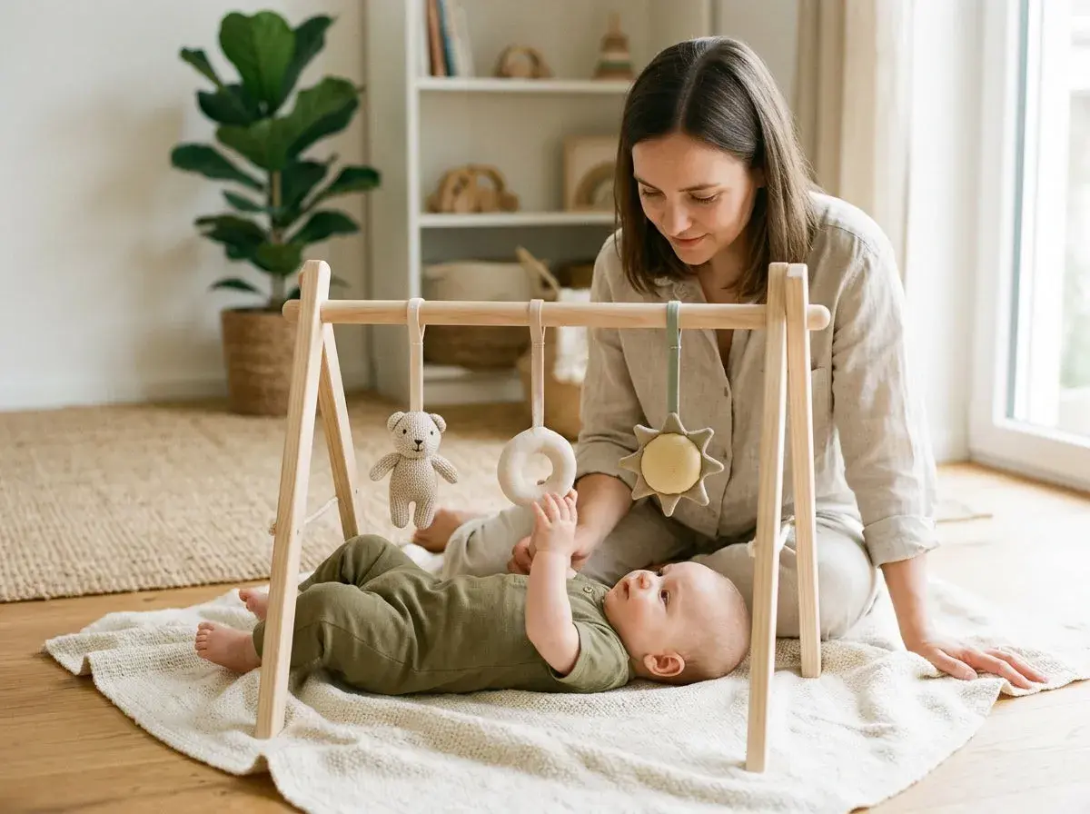 Mamma tittar på sitt barn som leker under ett babygymmet med en nallebjörn och en sol.
