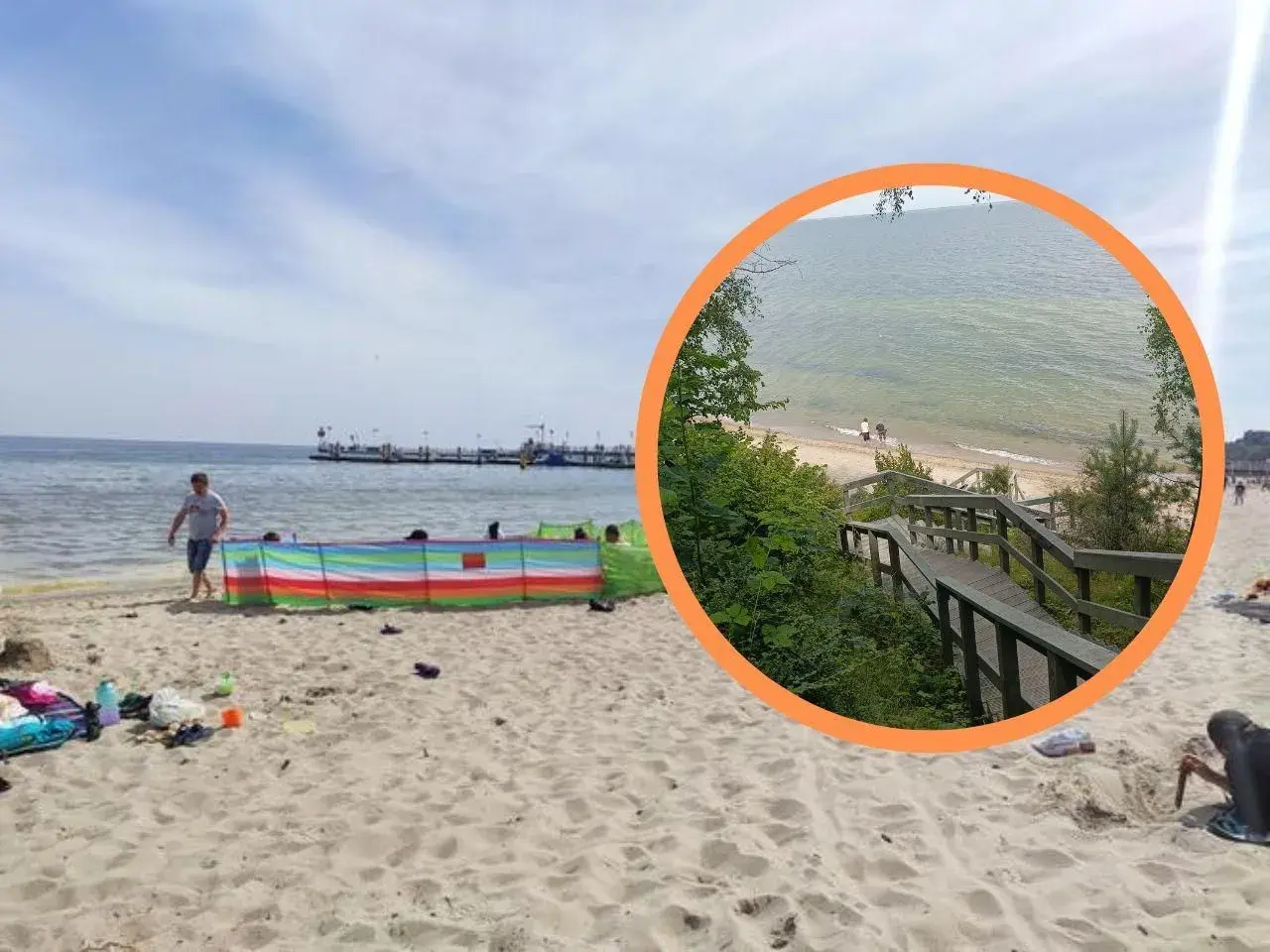 Piękny dzień na plaży w Mechelinkach. Słońce, morze i drewniane schody prowadzące do wody. Co za widok Mechelinki!