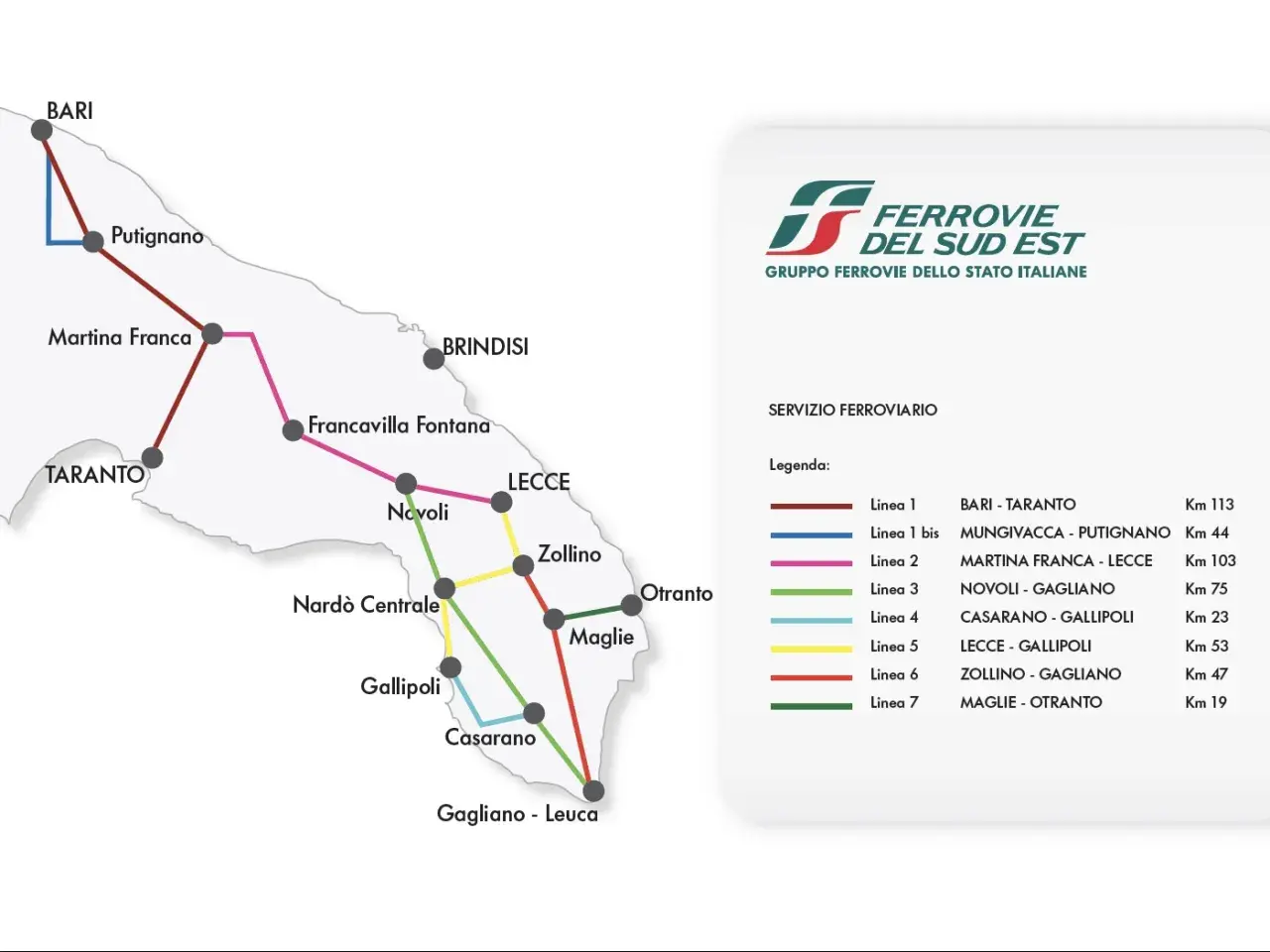 Map showing train routes in Puglia, Italy. Discover how to get to Puglia by train, with lines connecting Bari, Taranto, Lecce, and other towns.