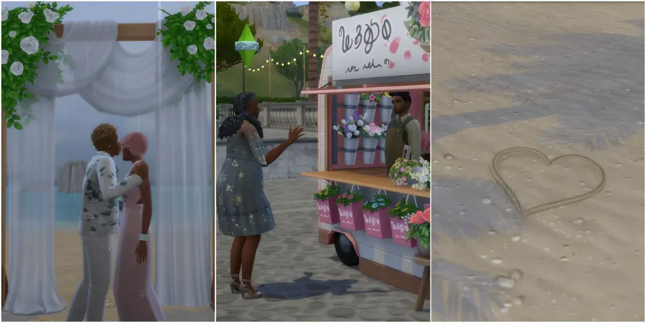 Ślub w Sims 4: pocałunek pod baldachimem, zakup kwiatów na targu i serce na piasku.