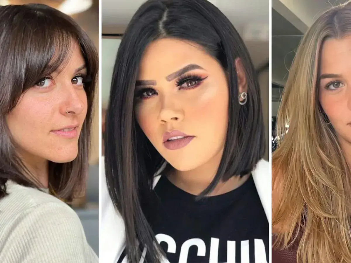 Tres mujeres con diferentes cortes de pelo, ideales como cortes de pelo para cara redonda: bob asimétrico, melena con capas y flequillo.