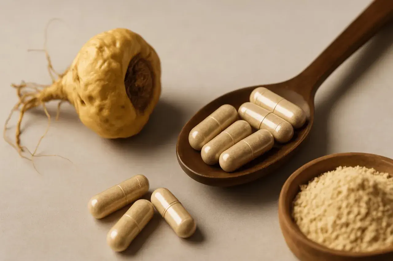 Maca-Wurzel, Kapseln und Pulver. Maca co to jest? Natürliche Energiequelle.