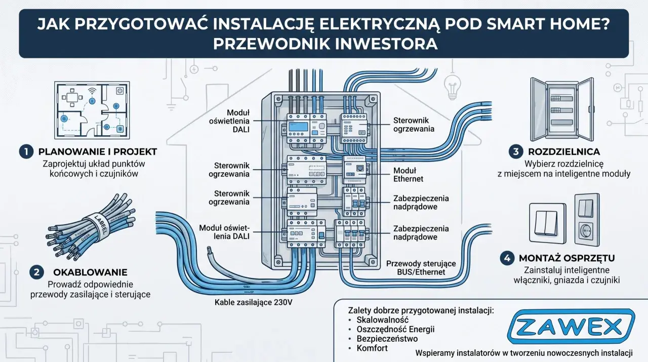 Schemat instalacji inteligentnego domu: planowanie, okablowanie, rozdzielnica i montaż. Przewodnik inwestora po budowie smart home.