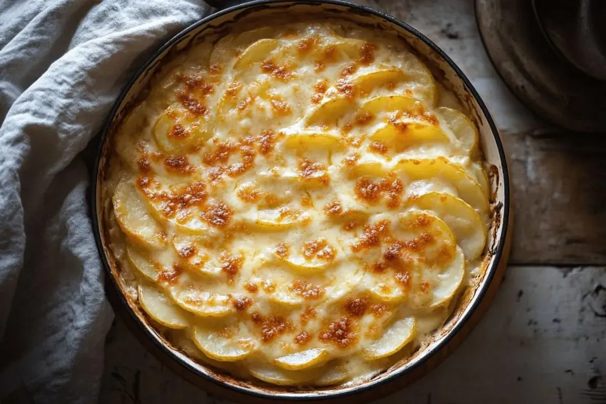 Un gratin dauphinois cuisson lente, aux pommes de terre fines et crémeuses, doré à souhait. Un délice réconfortant.