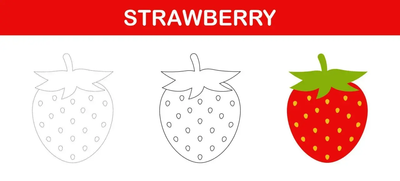 Fresa para colorear: una imagen con tres fresas, una punteada, otra delineada y una roja con semillas.