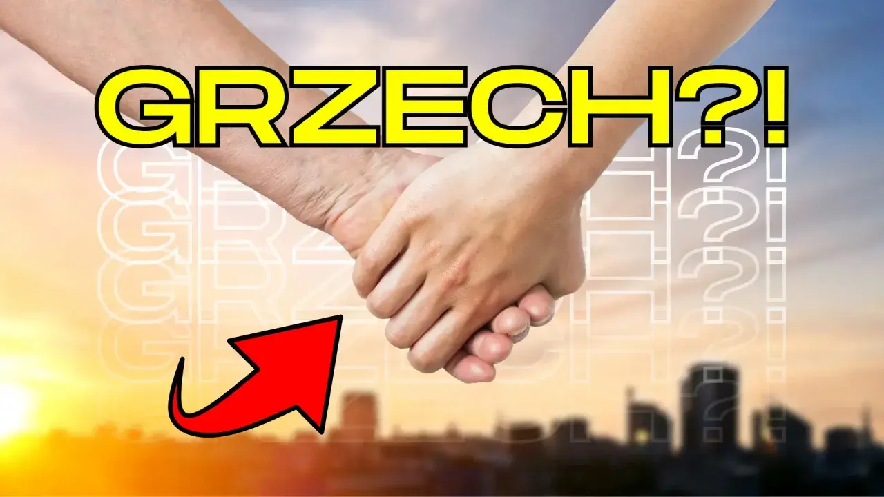 Dwie dłonie splecione, nad nimi napis "GRZECH?!". Czy seks po ślubie to grzech? Czerwona strzałka wskazuje na pytanie.