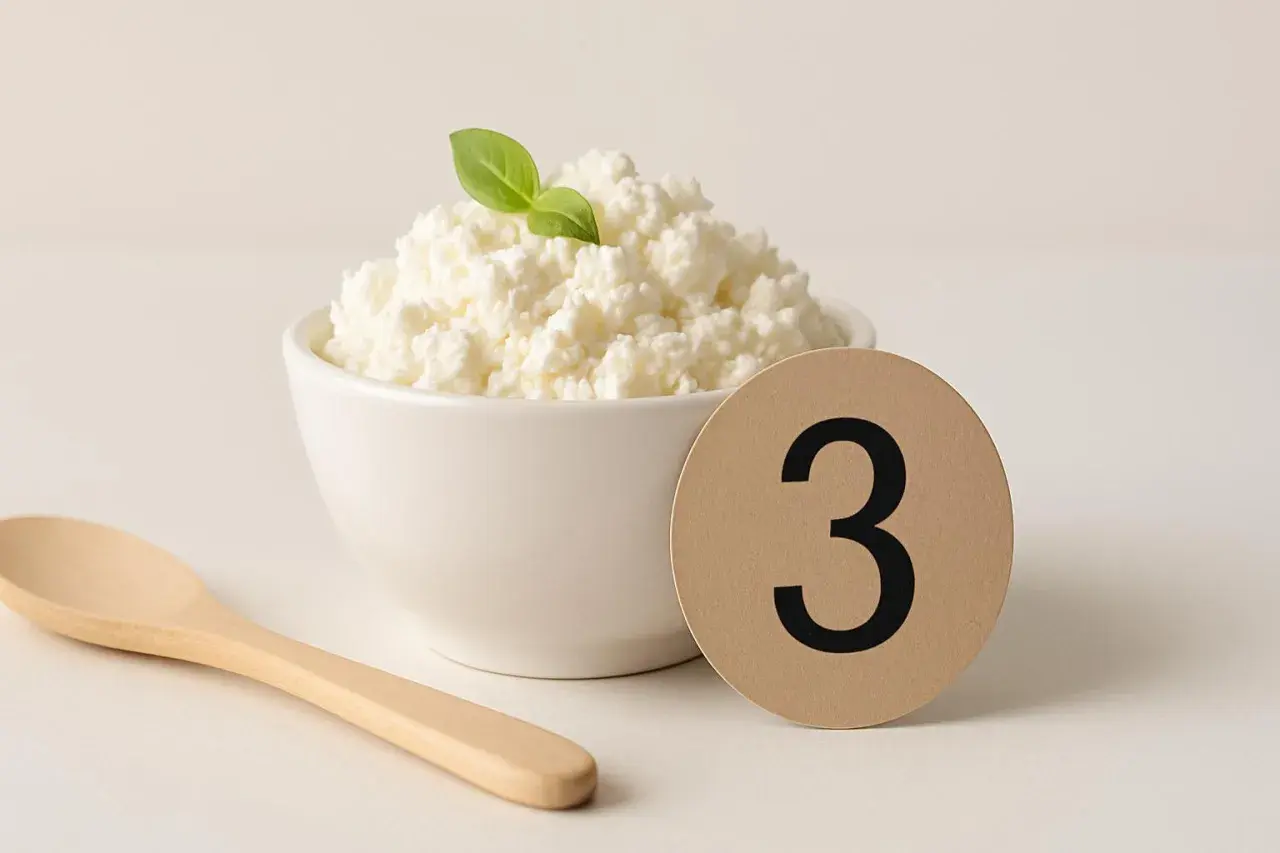 Ricotta di mucca fresca in ciotola, con cucchiaio e numero 3. Un alimento leggero, ma attenzione al colesterolo!