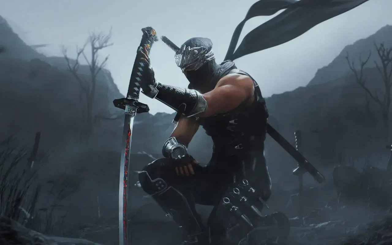 Ryu Hayabusa z Ninja Gaiden Black na Xbox, klęczący z mieczem w dłoni, w mrocznym, mglistym krajobrazie.