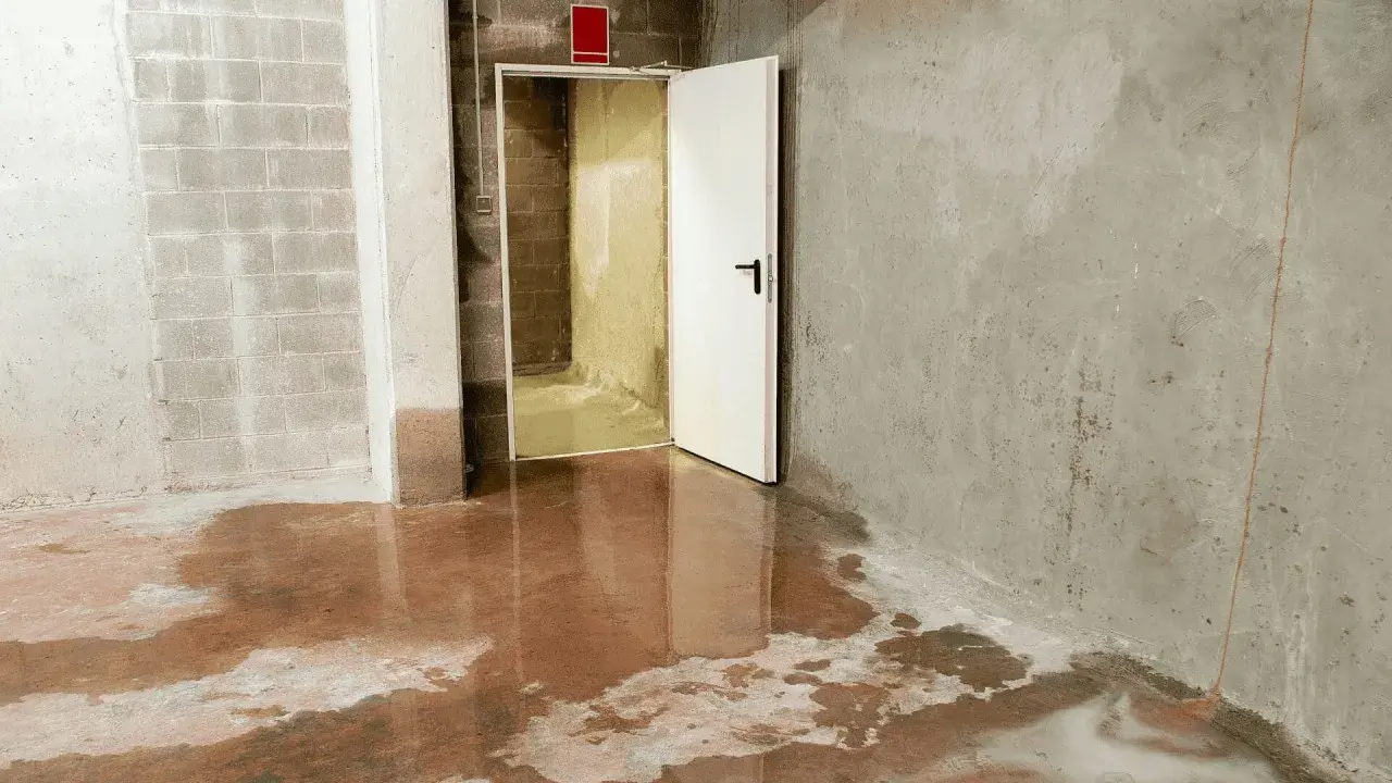 Wasser steht auf dem Boden eines Kellers, da die **Drainage verstopft** ist. Eine offene Tür führt in einen dunkleren Raum.