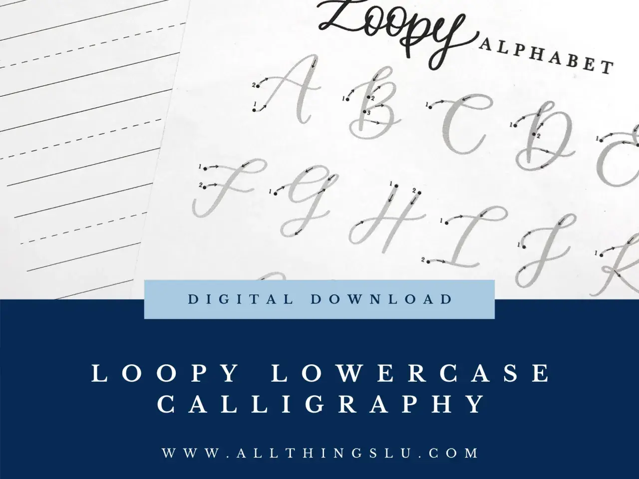 Práctica de caligrafía _LOOPY_ con guías de letras mayúsculas y minúsculas.