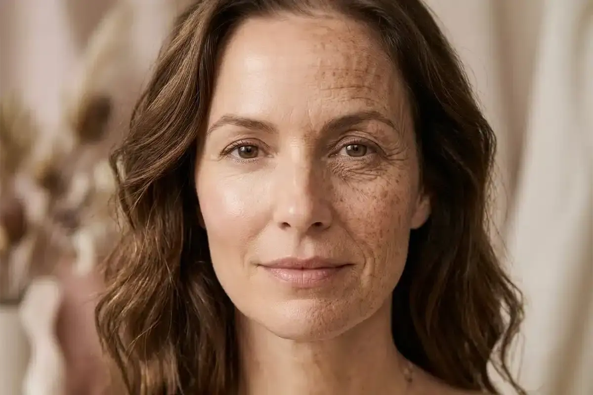 Il volto di una donna mostra gli effetti del sole e del tempo, con rughe e macchie solari su un lato, e pelle liscia sull'altro.