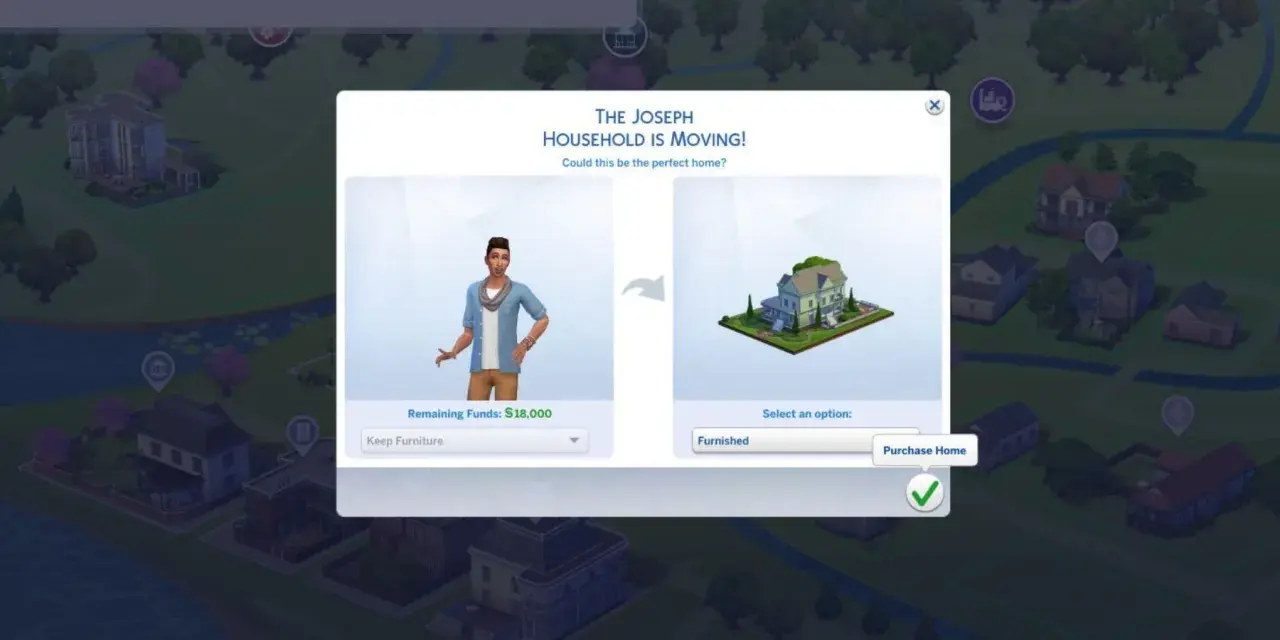 Wybór domu dla rodziny w The Sims 4. Czy to będą darmowe parcele? Gracz ma 18 000 simoleonów.