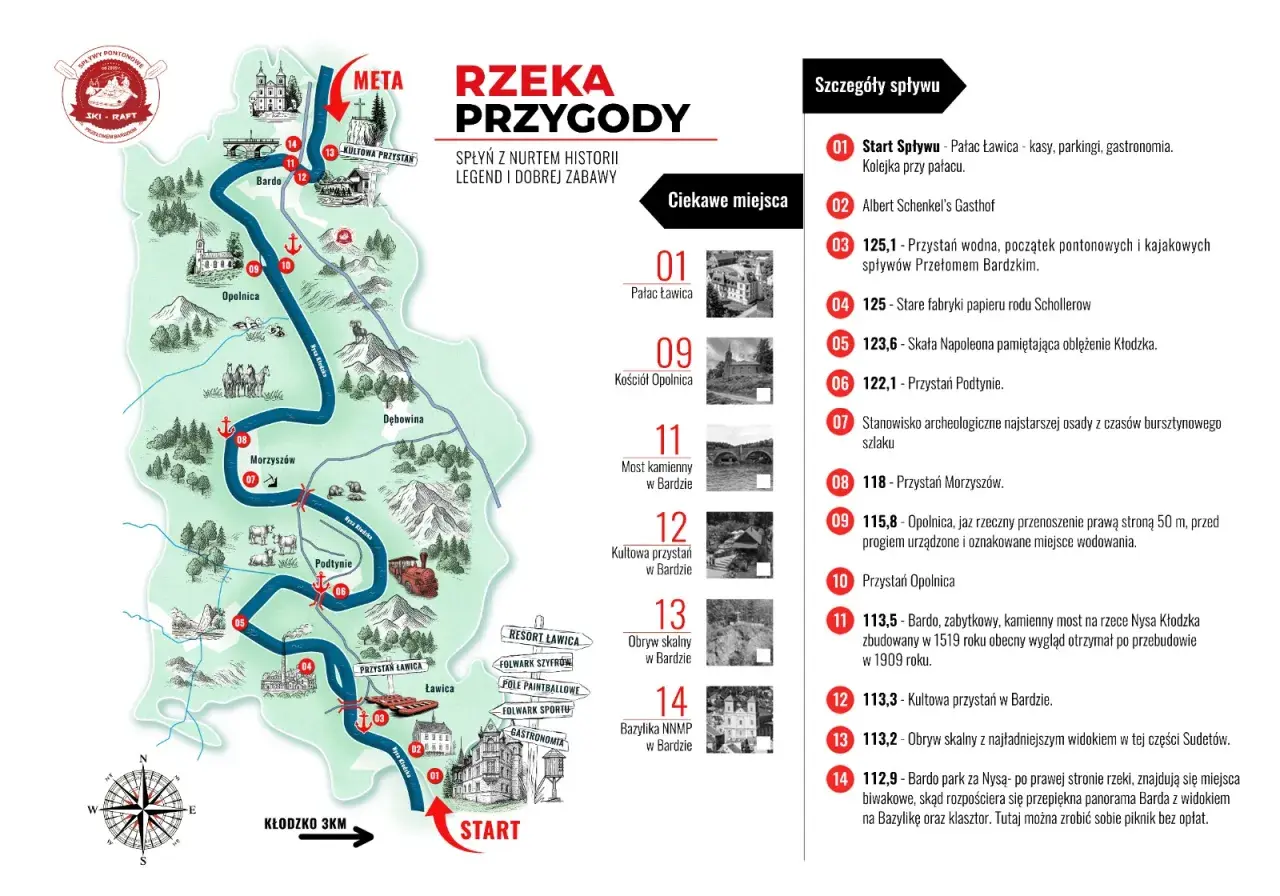 Mapa z trasą spływu pontonowego Nysą Kłodzką. Od startu w Pałacu Ławica, przez ciekawe miejsca i przystanie, aż do mety w Bardzie.