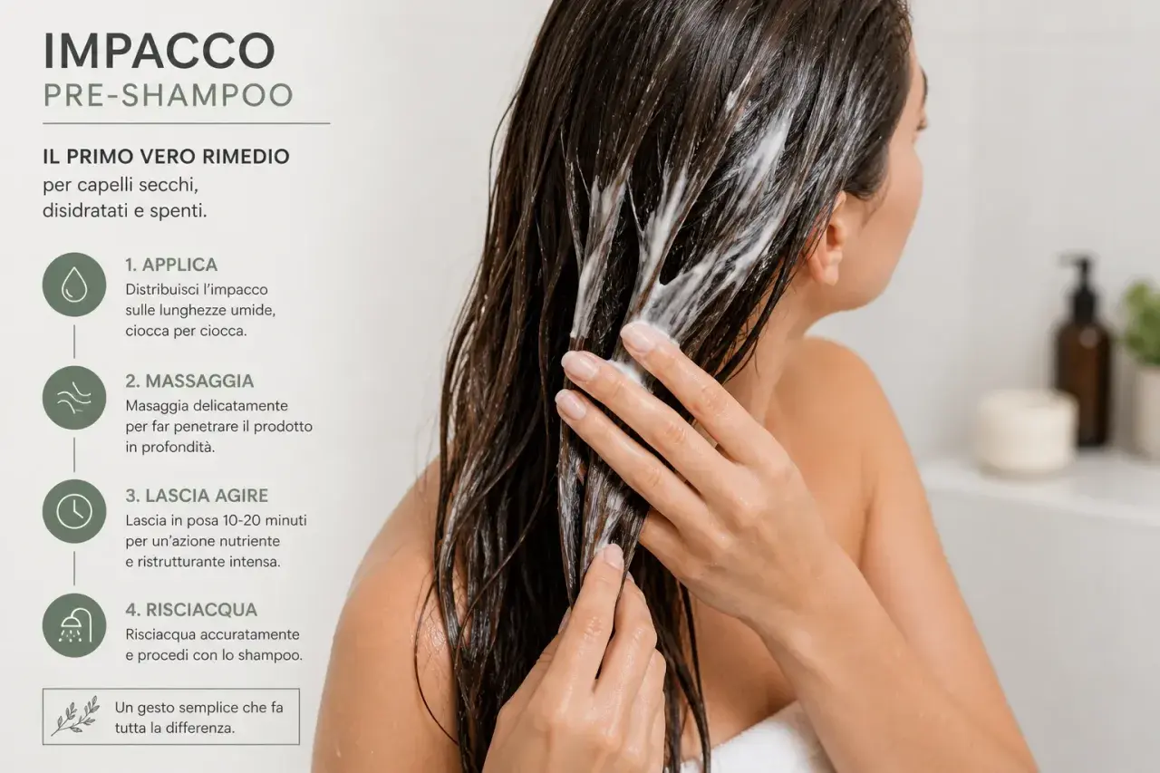 Donna applica un impacco pre-shampoo nutriente sui capelli lunghi e umidi, massaggiando per un trattamento profondo.