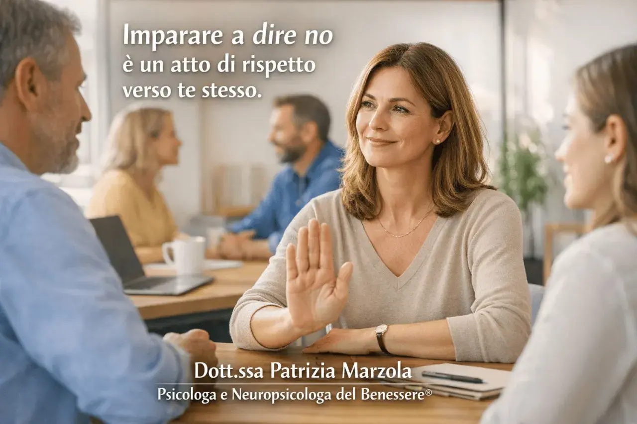 Una donna alza la mano in segno di stop, mostrando la psicologia del non saper dire di no. È un atto di rispetto verso se stessi.