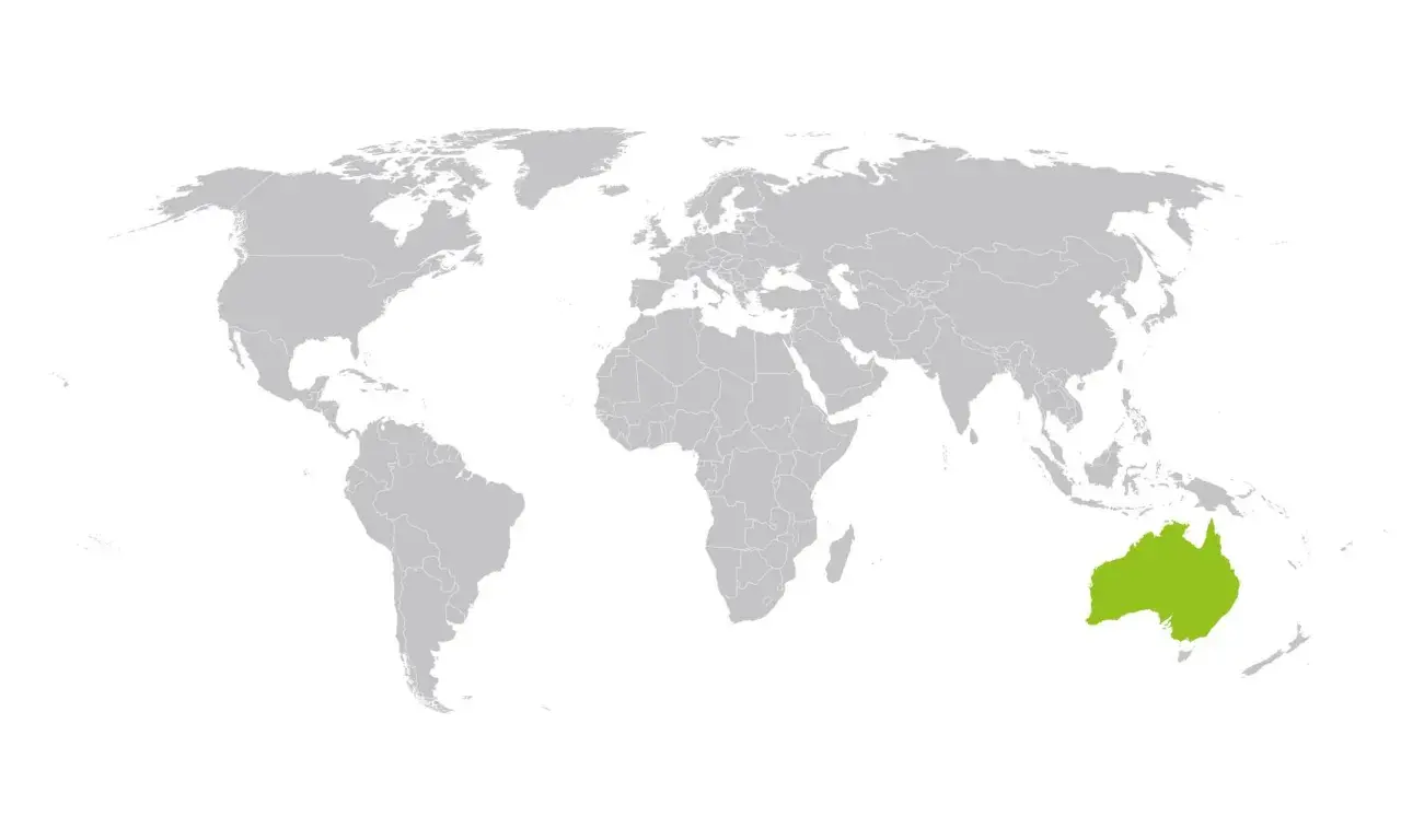 Mapa świata z wyróżnioną Australią. Idealne miejsce na wysłanie paczki do Australii.