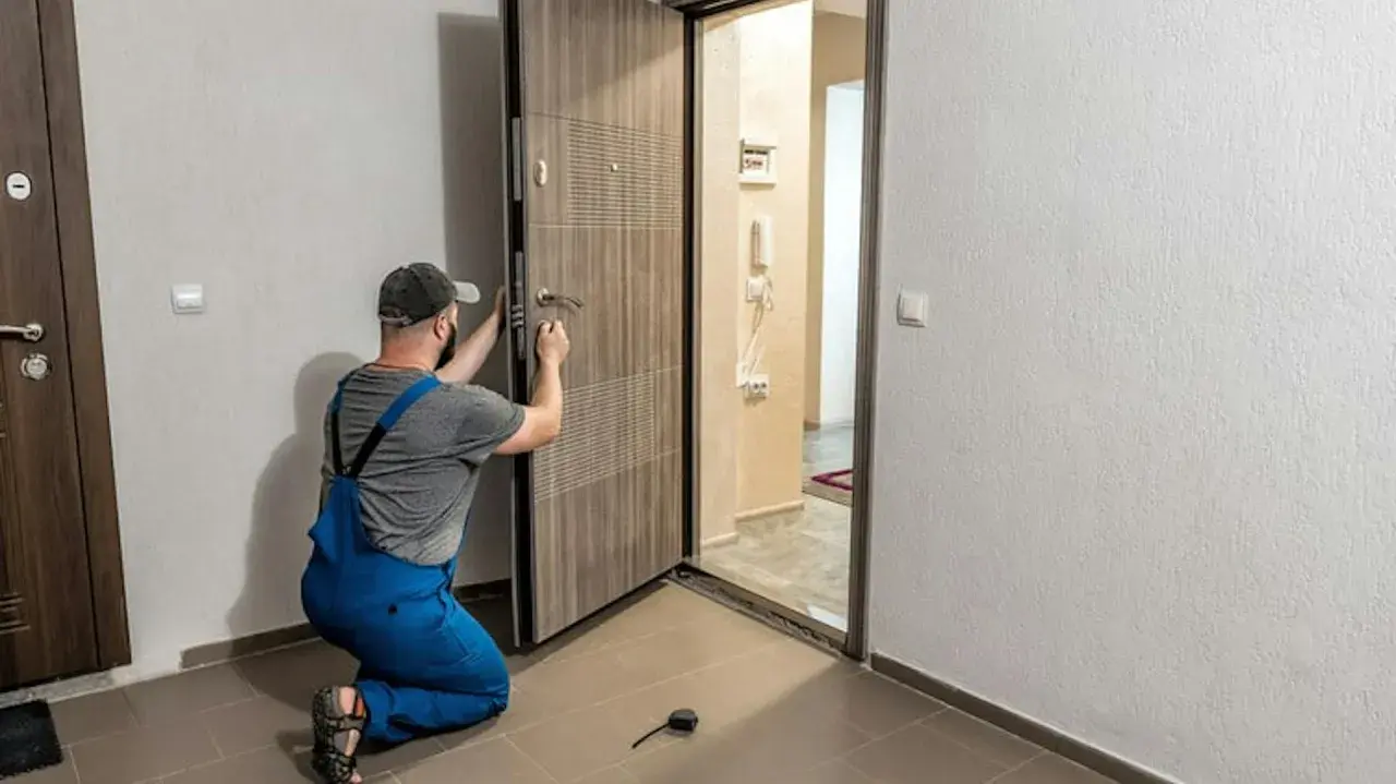 Monter w niebieskich ogrodniczkach montuje drzwi zewnętrzne, klamiąc klamkę.