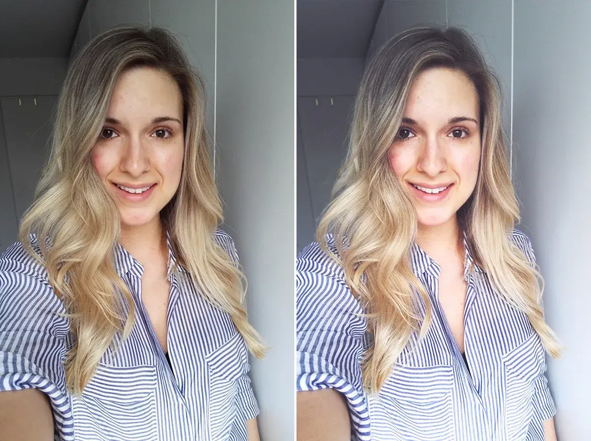 Uśmiechnięta blondynka w pasiastym zdjęciu profilowym.