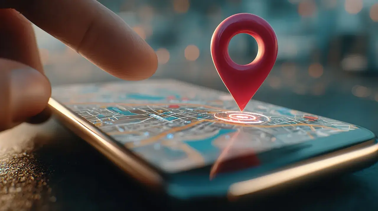 Palec wskazuje na mapę na ekranie telefonu, gdzie czerwony pin oznacza miejsce. Dowiedz się, jak udostępnić lokalizację.