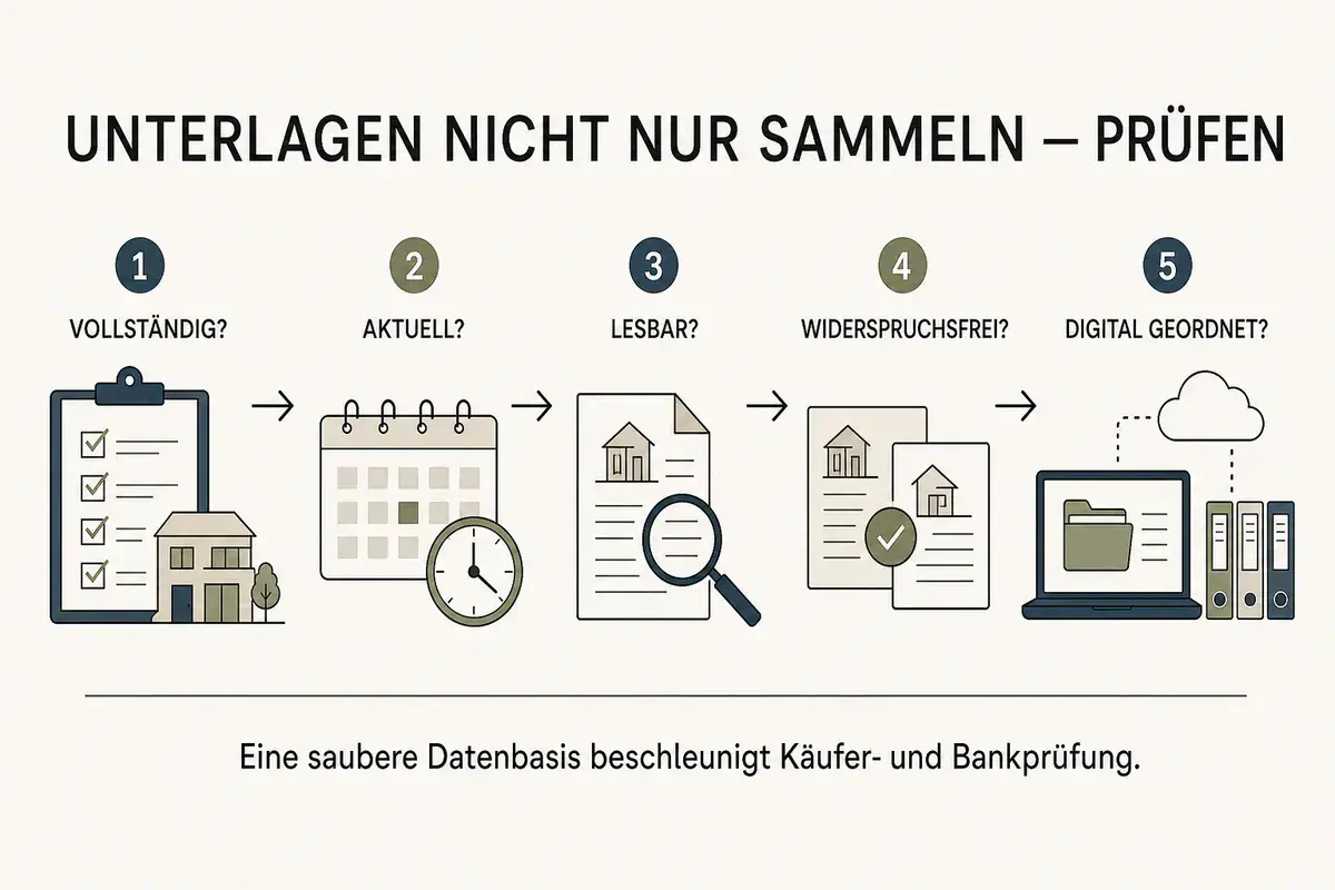 Checkliste für Wohnung verkaufen: Unterlagen prüfen – vollständig, aktuell, lesbar, widerspruchsfrei, digital geordnet.