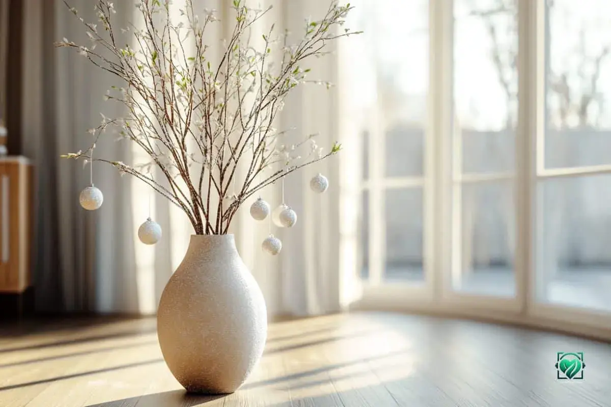 Eine Bodenvase wird mit zarten Zweigen und kleinen, glitzernden Kugeln dekoriert. Das Arrangement steht im warmen Licht eines Fensters.