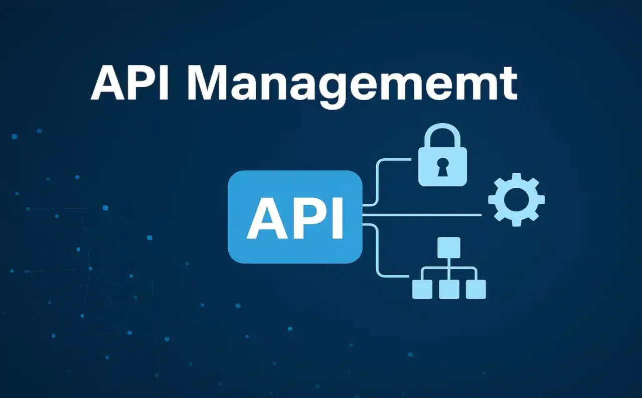 Gestion d'API : un bloc "API" connecté à un cadenas, une roue dentée et une structure hiérarchique, illustrant la sécurité et l'efficacité, comme avec l'api microsoft.