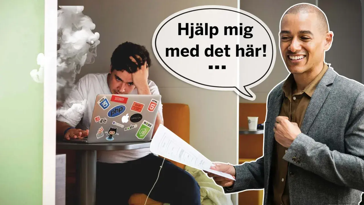 En stressad person med rök runt sig ber om hjälp med en laptop. En glad kollega erbjuder stöd för att må bra på jobbet.