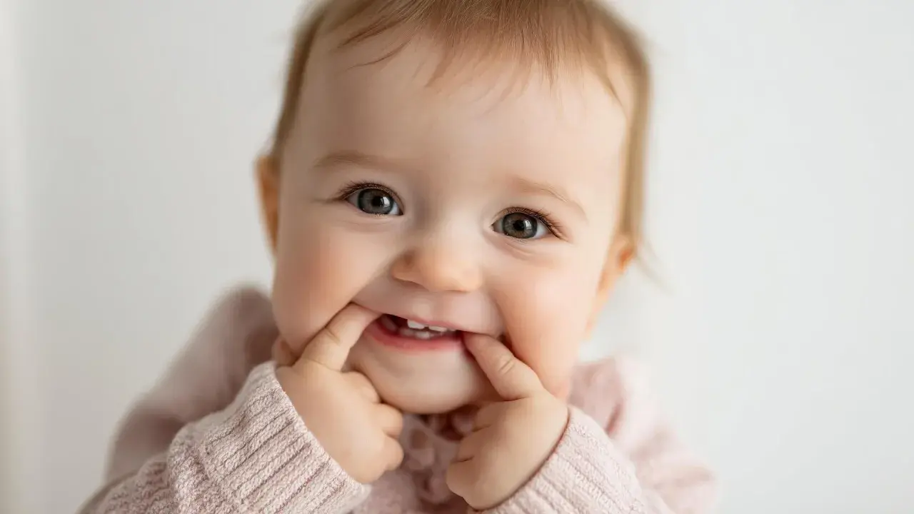 Bebé sonriente estirando sus mejillas, mostrando sus primeros dientes. A pesar de la posible molestia del dolor dientes bebe, su expresión es juguetona.