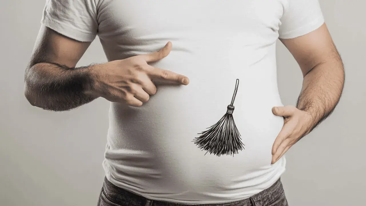Uomo con pancia disegnata con una scopa, simbolo di pulizia e benessere, come un lavaggio intestinale metaforico.