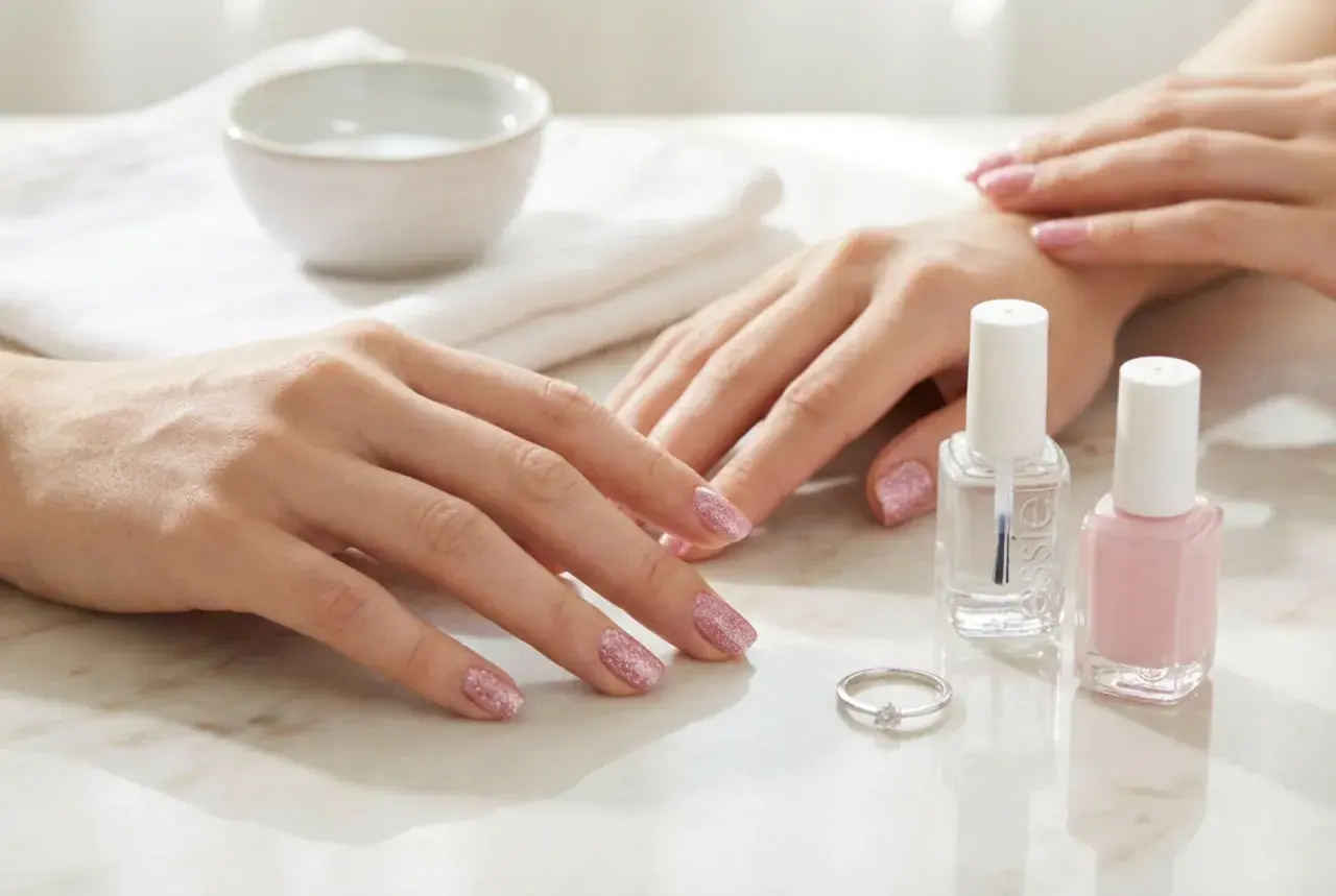 Två händer med glittriga rosa naglar, bredvid flaskor med snabbtorkande nagellack och en ring.