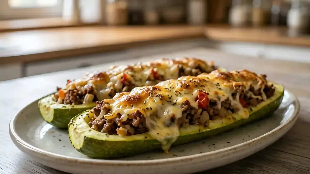 Deux courgettes farcies au bœuf et au fromage gratiné, prêtes à être dégustées. Un plat savoureux et réconfortant.