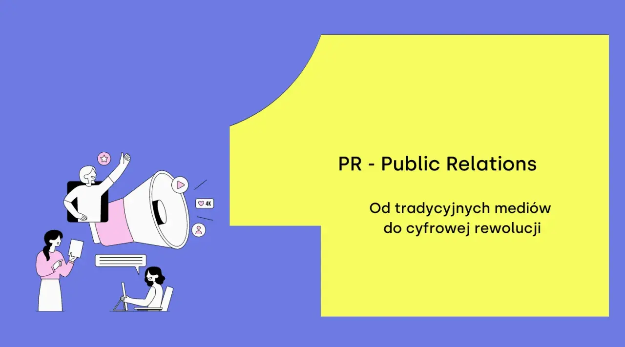 Grafika ilustruje, jak public relations polega na promocji. Postacie komunikują się za pomocą mediów społecznościowych i tradycyjnych narzędzi.