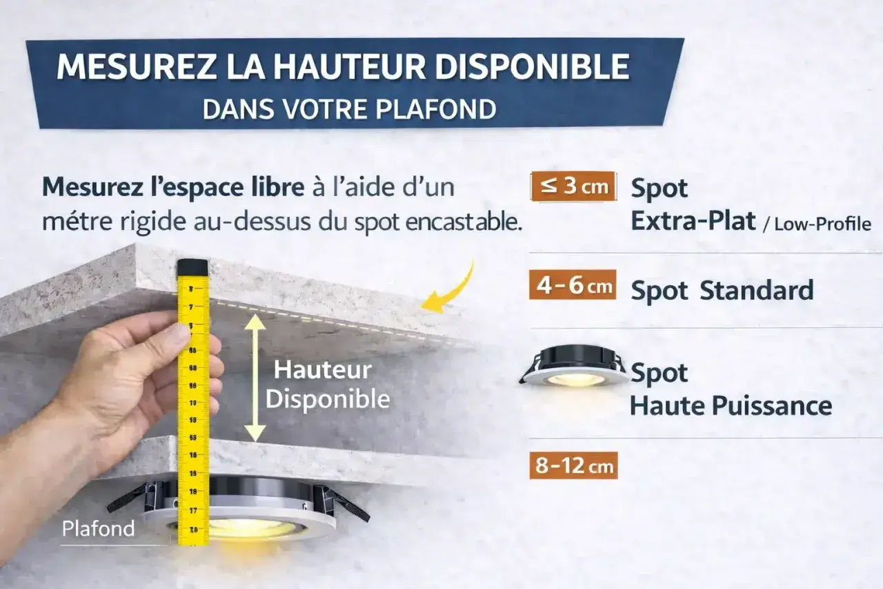 Mesure de la hauteur disponible pour choisir la taille spot encastrable. Un mètre mesure l'espace au-dessus d'un luminaire.