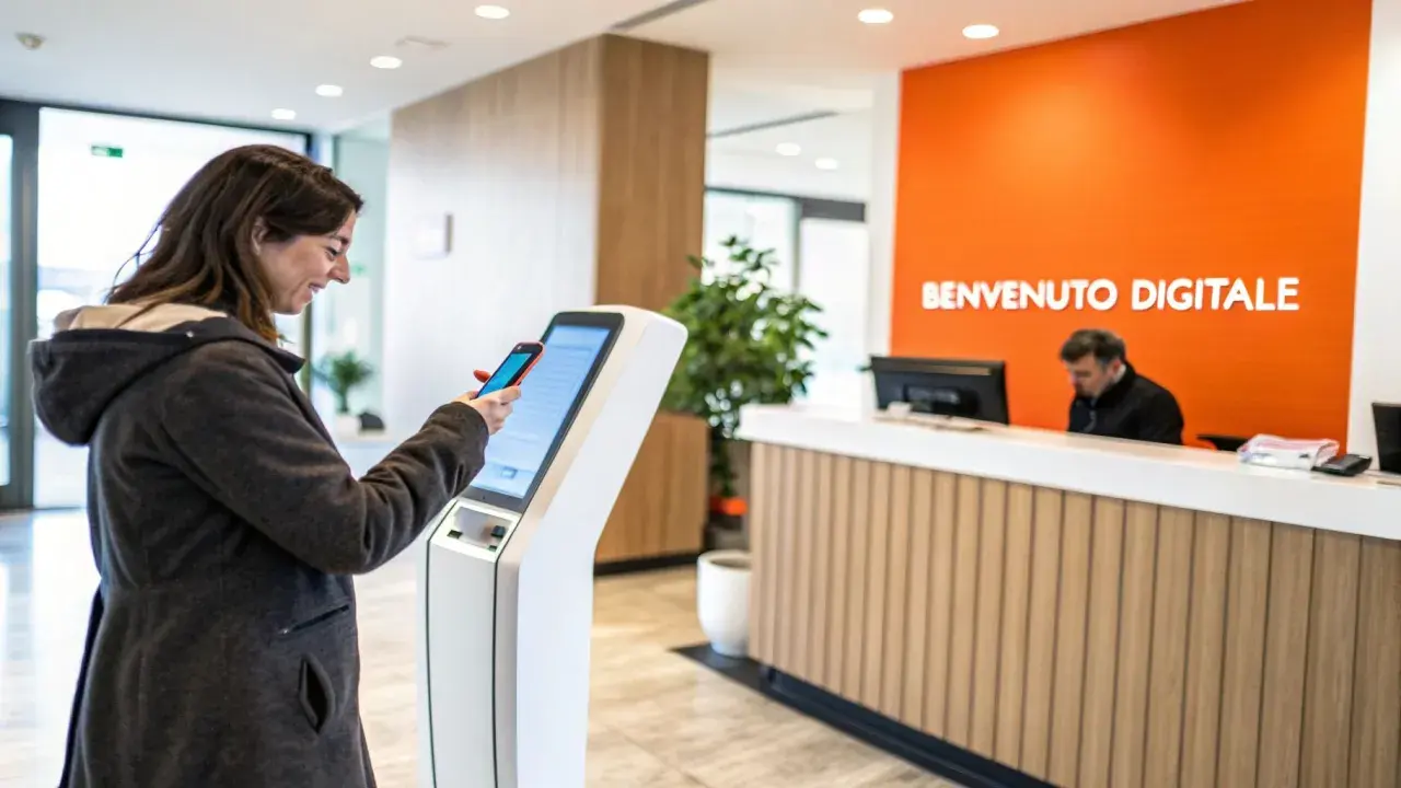 Donna usa smartphone per self check-in appartamenti in un'area accogliente con scritta "Benvenuto Digitale".