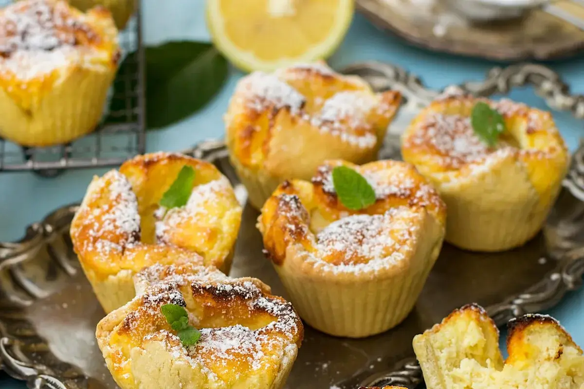 Deliziosi tortini con ripieno cremoso, simili a un budino di riso, spolverati di zucchero a velo e guarniti con menta.